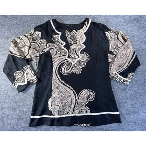 BCBGMAXAZRIA Women's Black Paisley 3/4 Sleeve 100% Silk Tunic Top Sz L